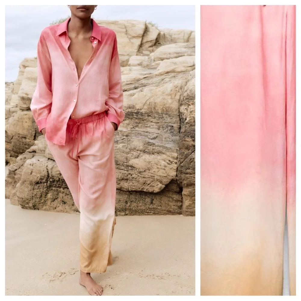 NWT. Zara Pink/Cream Linen Blend Tie-Dye Wide Leg Trousers. Size S.